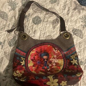 Artistic Floral Shoulder Bag with Brown and Red Accents